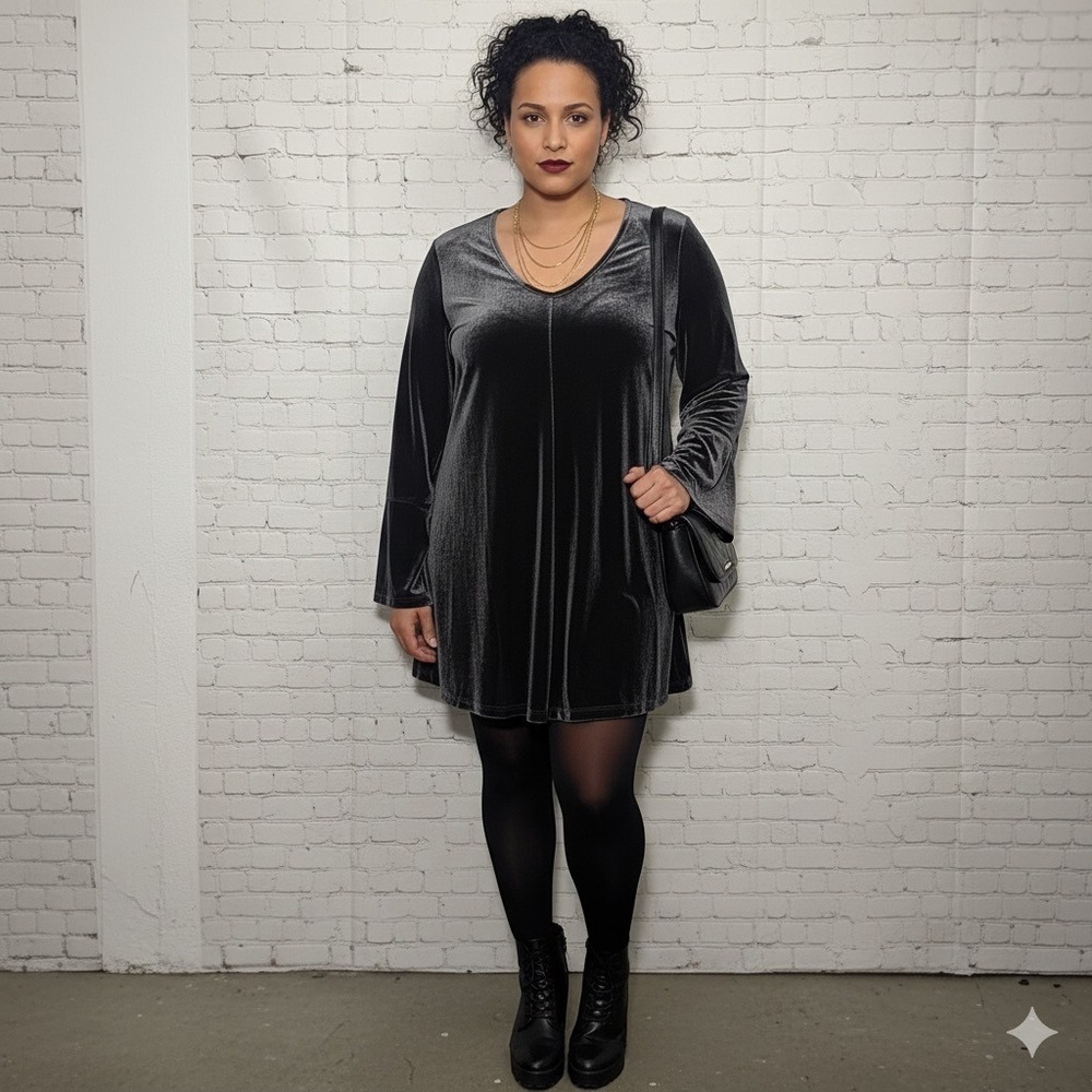 VTG 90s Plus Size Gray Blue‎ Velvet Bell Sleeve Mini Dress Top 3x Fairy Grunge